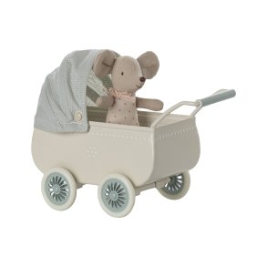 Maileg - Barnevogn med baby mus - Mint