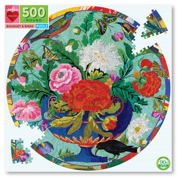 eeBoo - Rundt puslespil 500 brk - Broderi blomster &amp; fugl